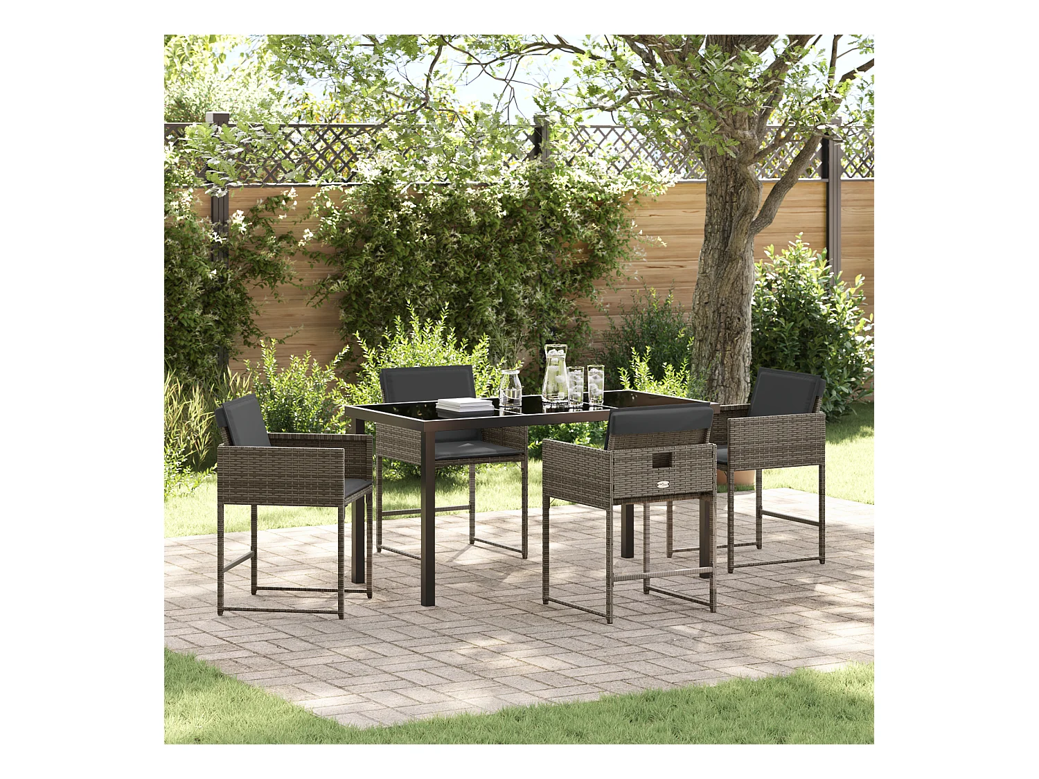 Ensemble de Salle à Manger de Jardin 5 Pièces avec Coussins Gris Rattan PE