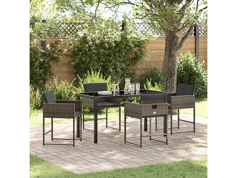 Set da pranzo da giardino 5 pezzi con cuscini in rattan grigio PE