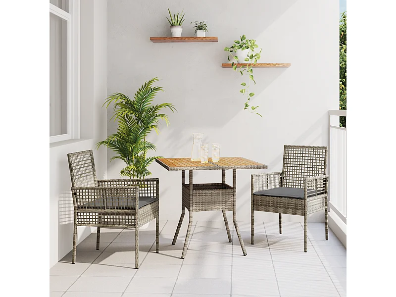 Set da pranzo da giardino 3 pezzi con cuscini in polyrattan grigio
