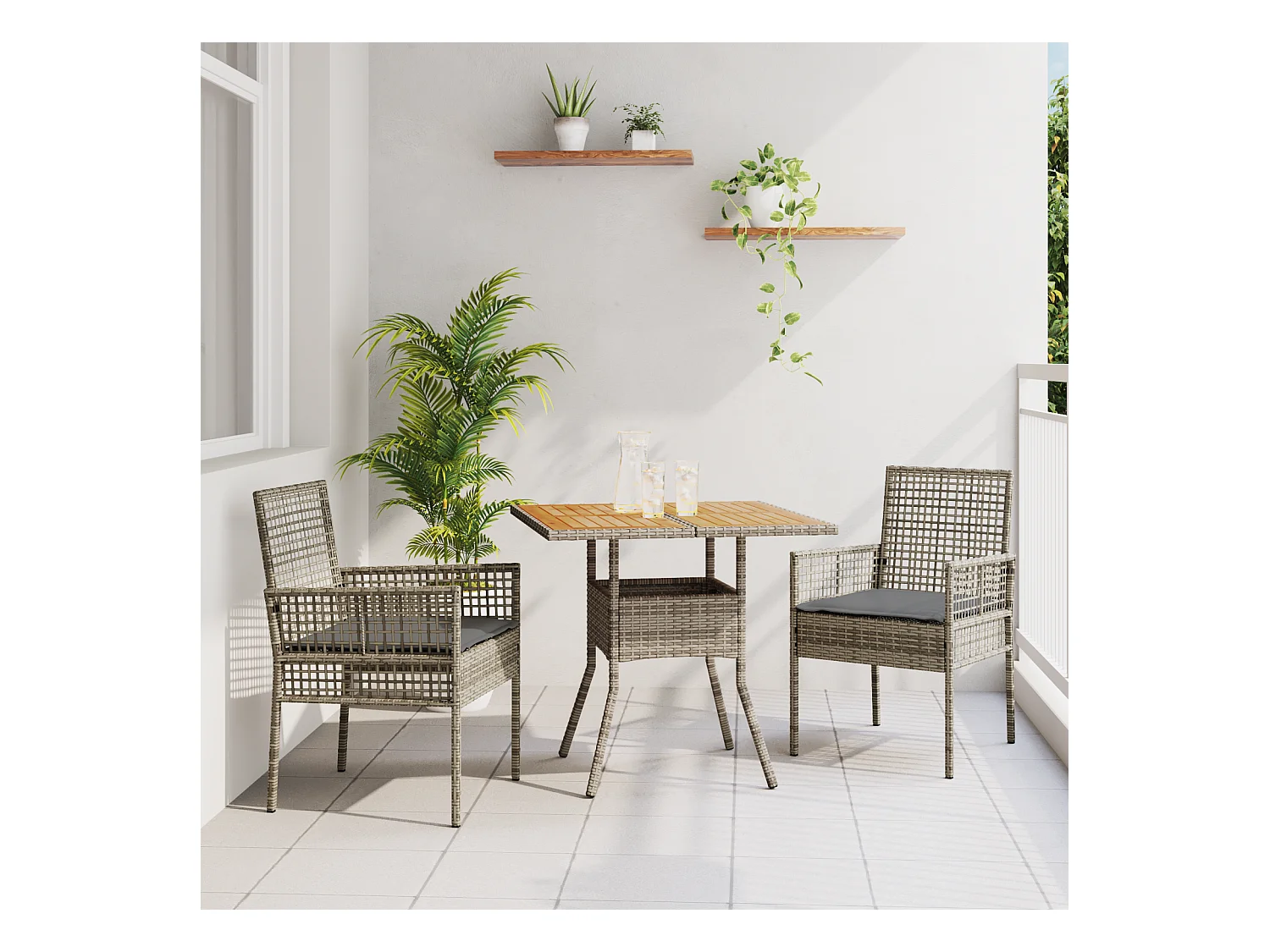 Set da pranzo da giardino 3 pezzi con cuscini in polyrattan grigio