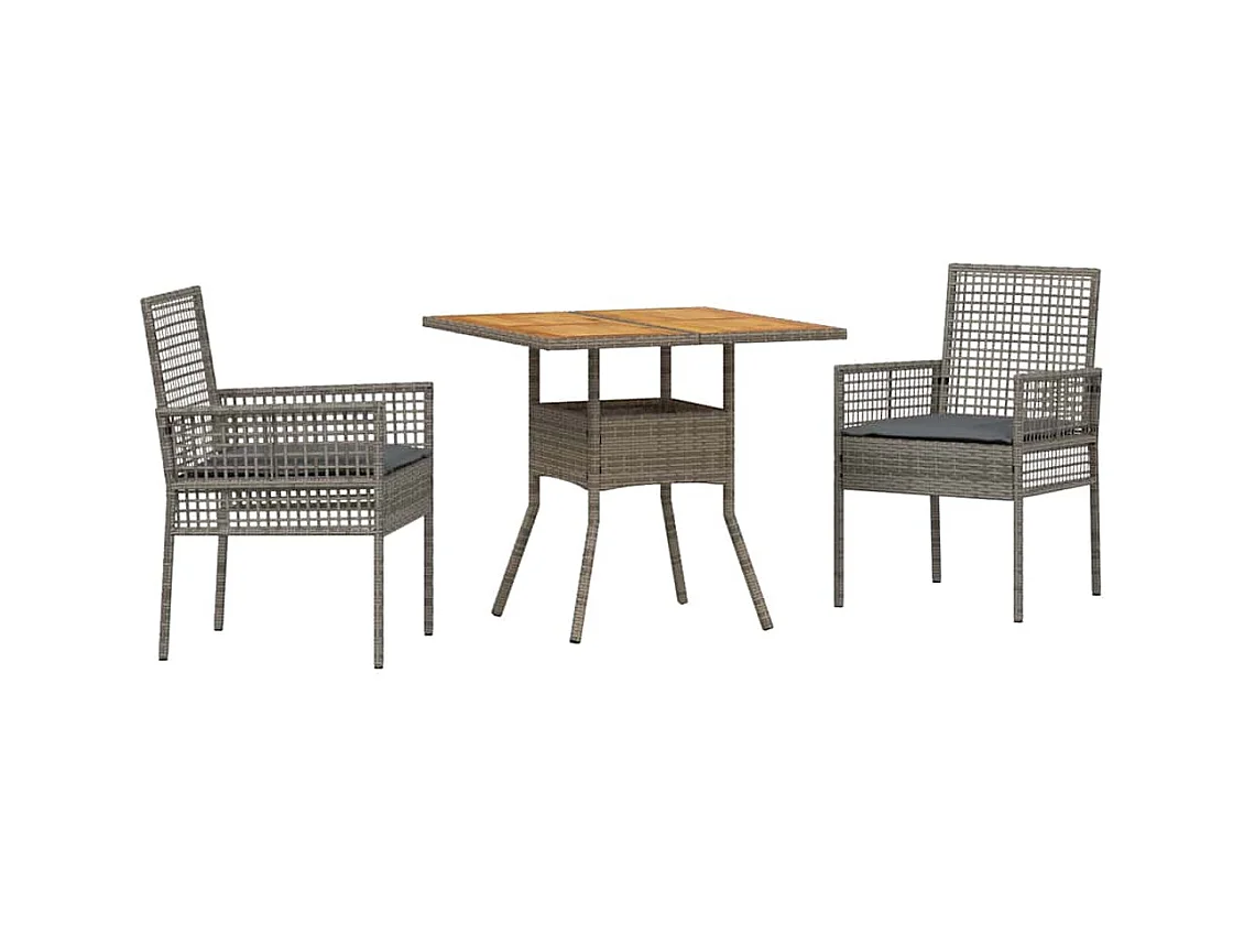 Set da pranzo da giardino 3 pezzi con cuscini in polyrattan grigio