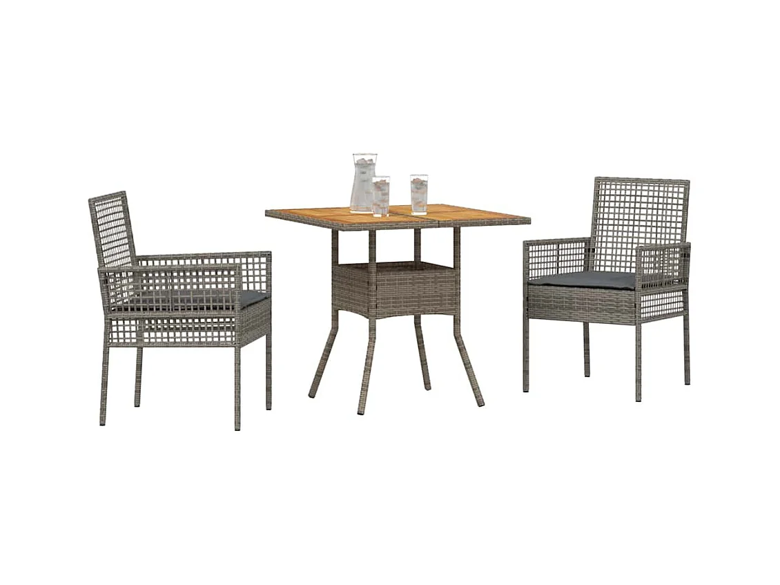 Set da pranzo da giardino 3 pezzi con cuscini in polyrattan grigio