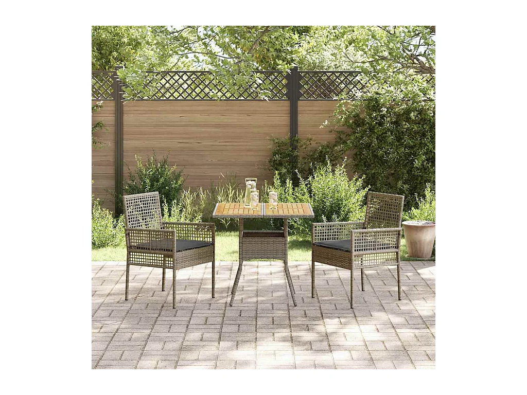 Set da pranzo da giardino 3 pezzi con cuscini in polyrattan grigio