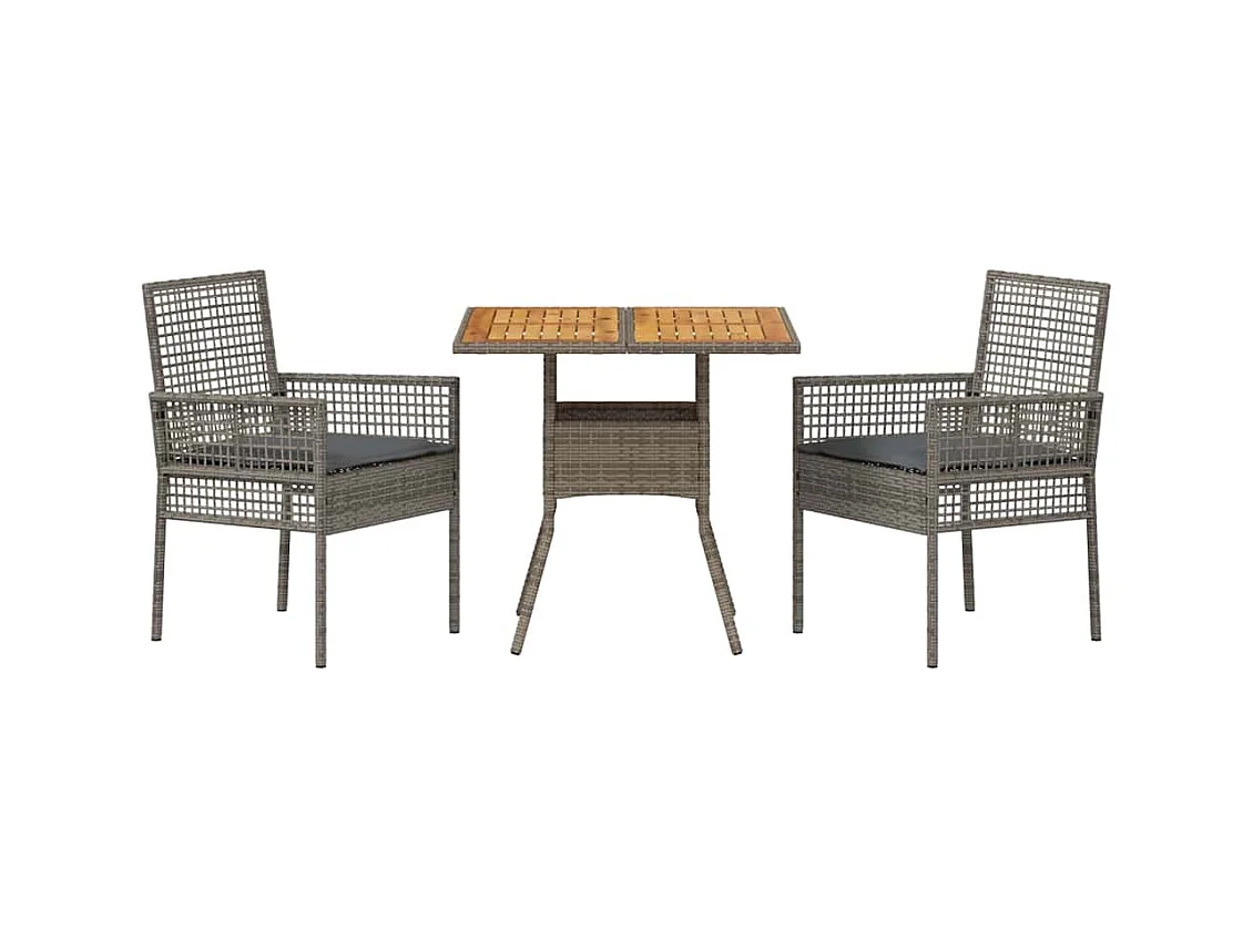 Set da pranzo da giardino 3 pezzi con cuscini in polyrattan grigio
