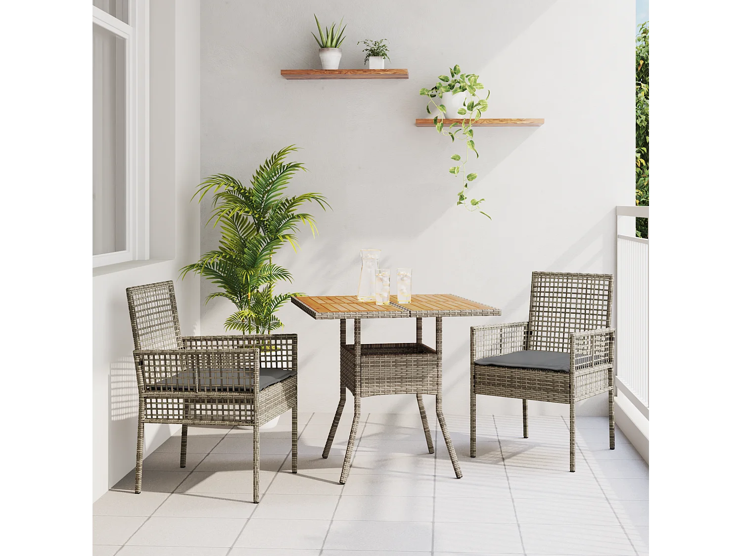 Ensemble de Salle à Manger de Jardin 3 Pièces avec Coussins Gris Poly Rattan