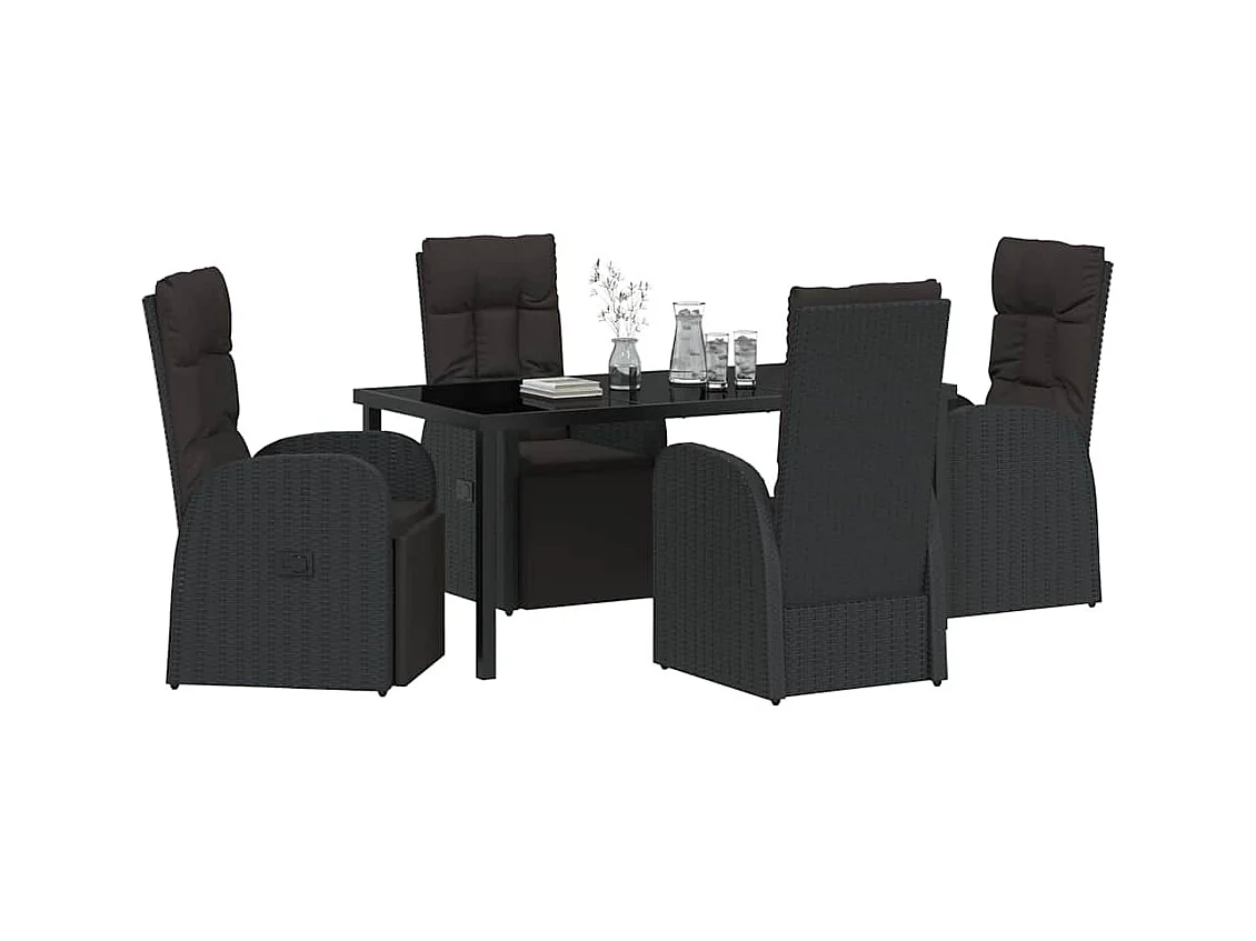 Ensemble de salle à manger de jardin 5 pièces avec coussins Noir Rattan Poly