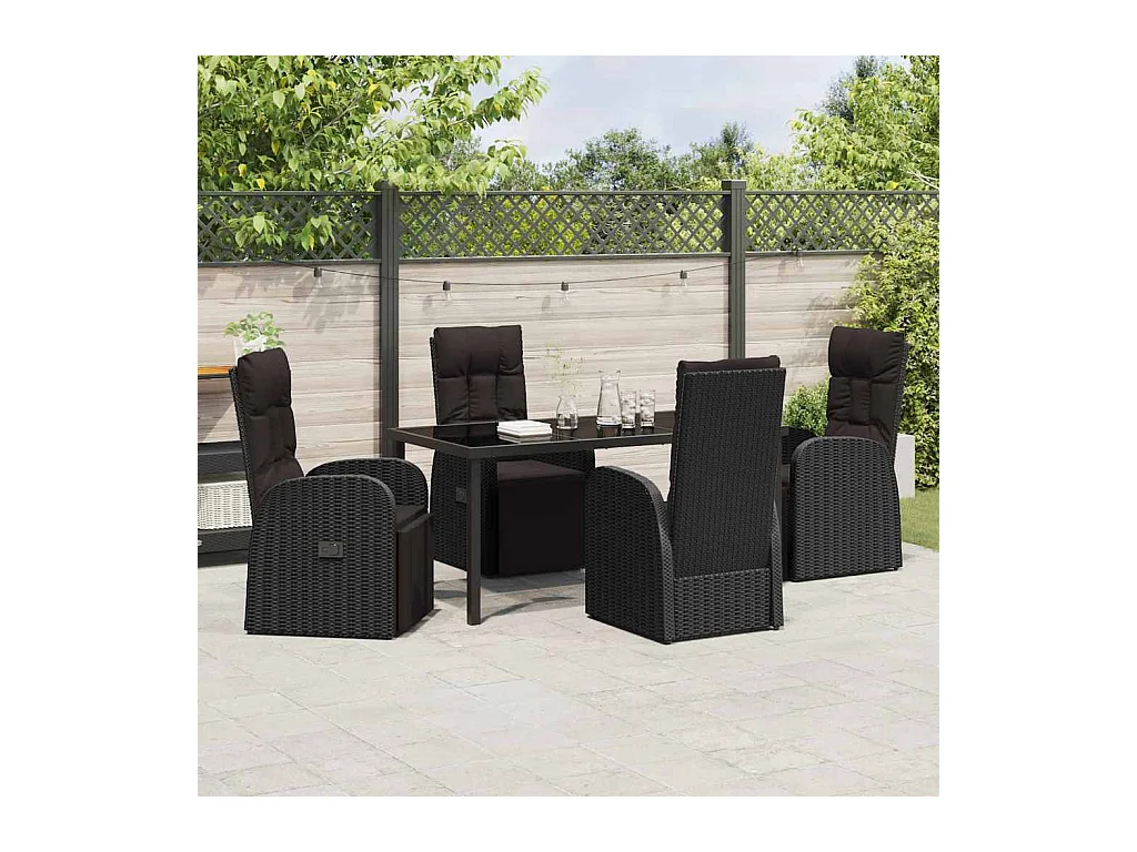 Ensemble de salle à manger de jardin 5 pièces avec coussins Noir Rattan Poly