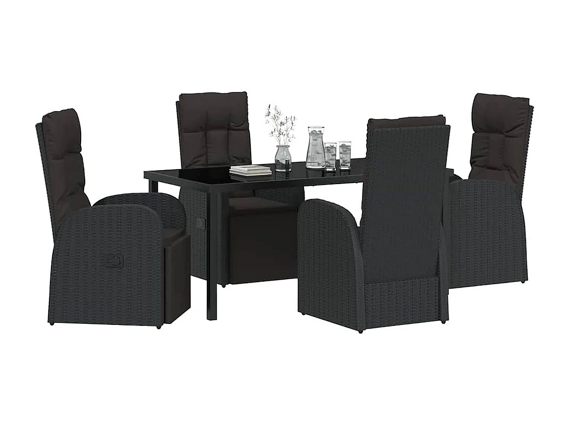 5-teiliges Garten-Ess-Set mit Kissen, schwarzes Rattan, Poly