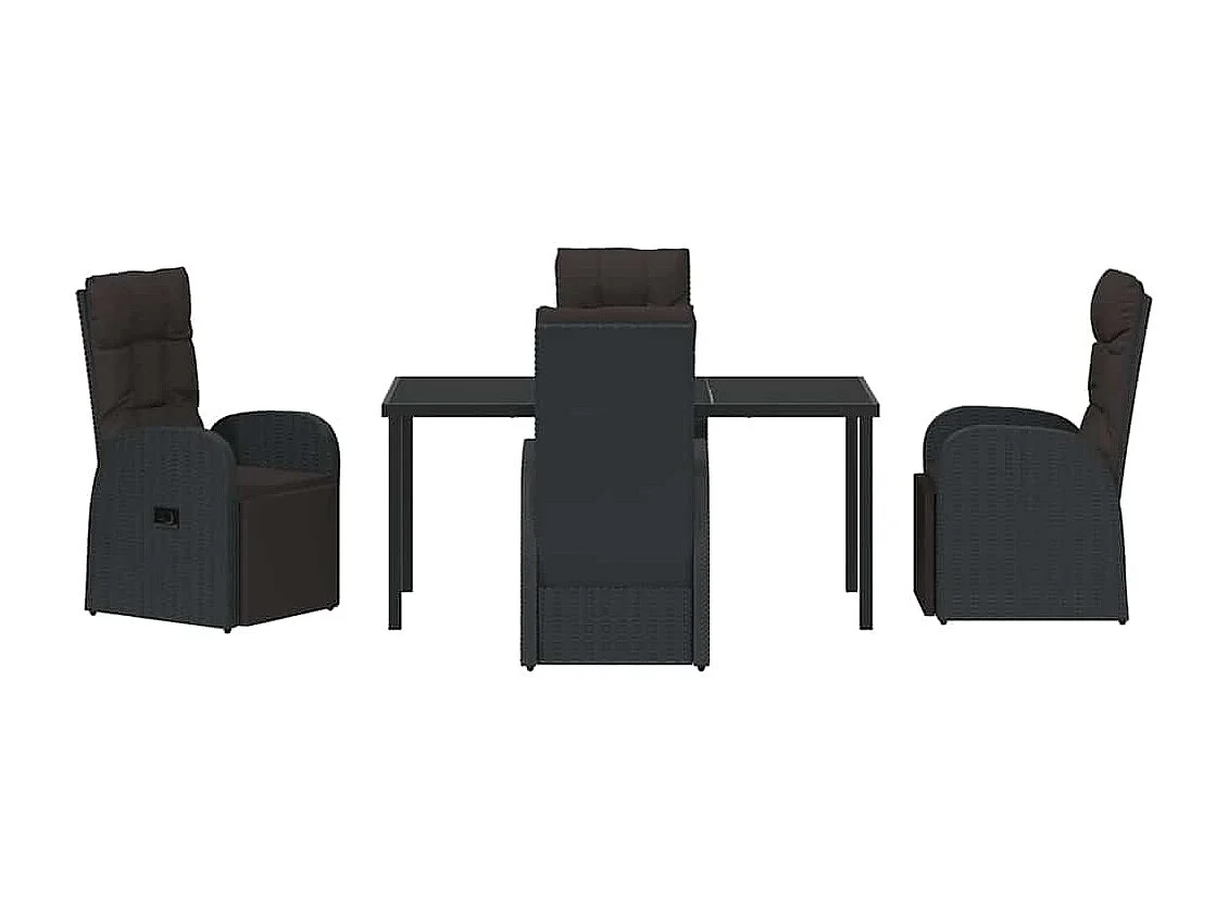 5-teiliges Garten-Ess-Set mit Kissen, schwarzes Rattan, Poly