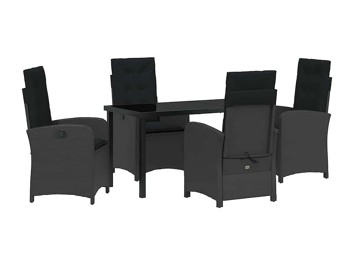 5-teiliges Garten-Ess-Set mit Kissen, schwarzes Rattan, Poly