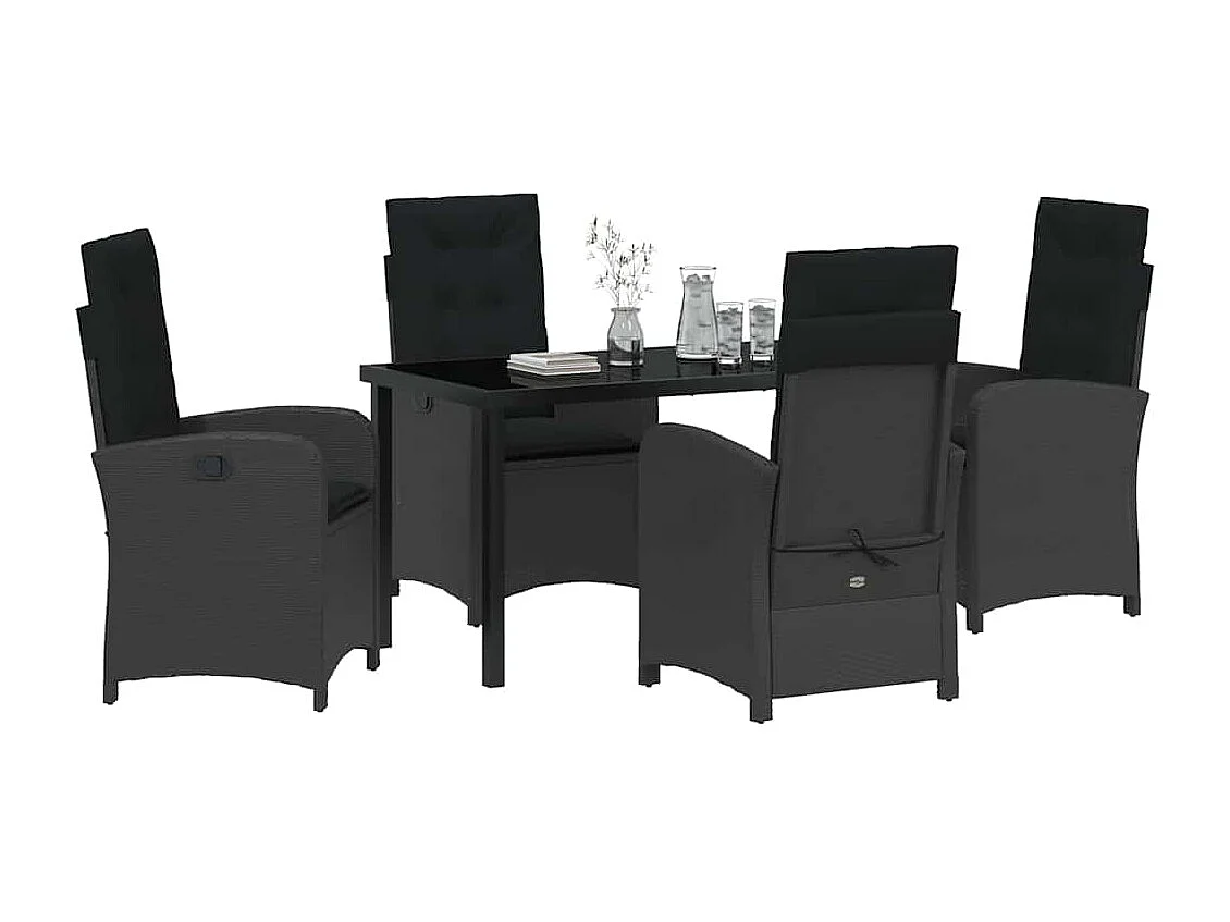 5-teiliges Garten-Ess-Set mit Kissen, schwarzes Rattan, Poly