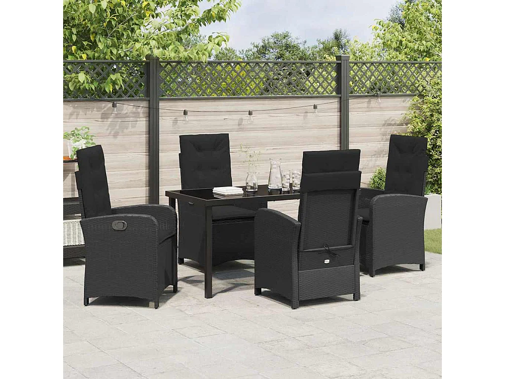 5-teiliges Garten-Ess-Set mit Kissen, schwarzes Rattan, Poly