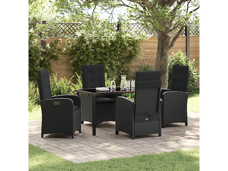 5-teiliges Garten-Ess-Set mit Kissen, schwarzes Rattan, Poly