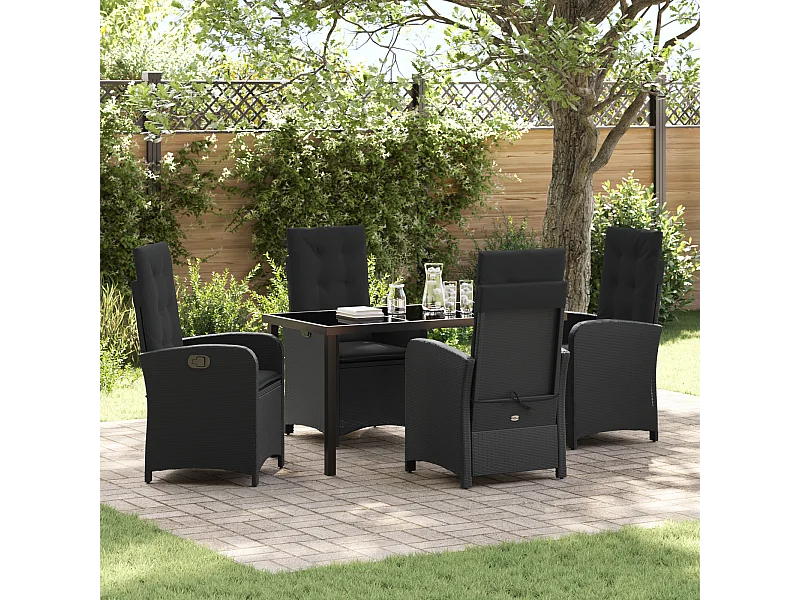 Ensemble de salle à manger de jardin 5 pièces avec coussins Noir Rattan Poly