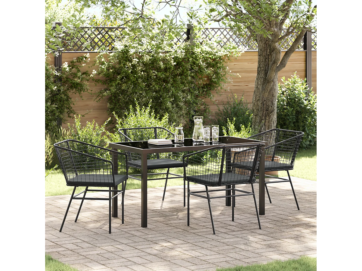 Ensemble de salle à manger de jardin de 5 pièces avec coussins en poly rattan noir