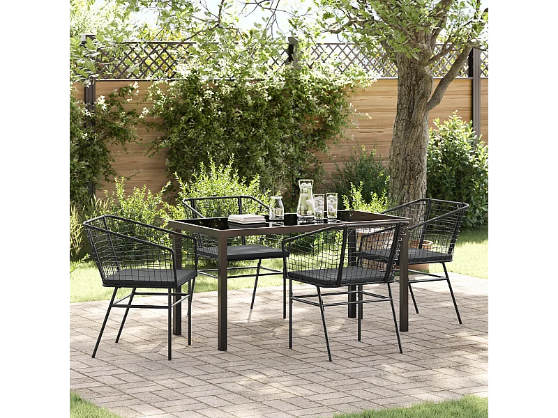 Ensemble de salle à manger de jardin de 5 pièces avec coussins en poly rattan noir
