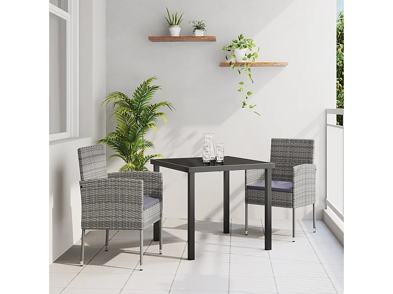 Set da pranzo da giardino 3 pezzi con cuscini in polyrattan grigio