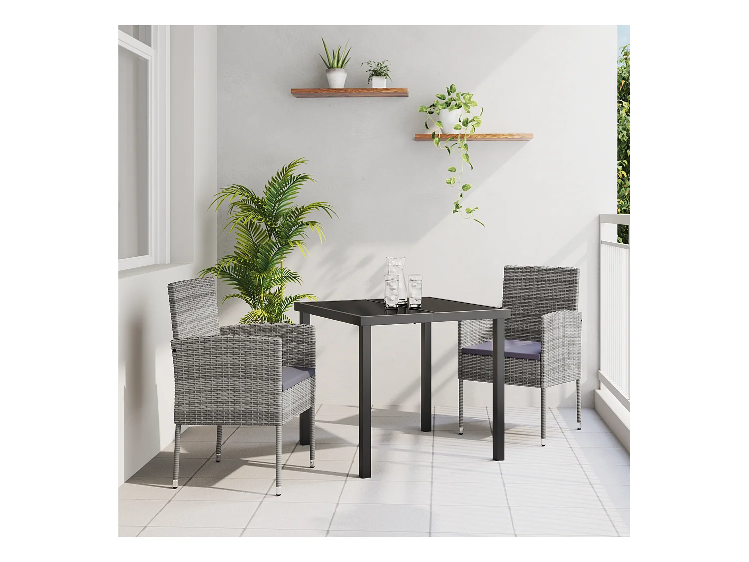 Set da pranzo da giardino 3 pezzi con cuscini in polyrattan grigio