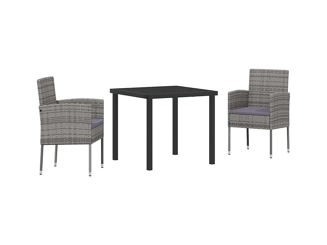 Set da pranzo da giardino 3 pezzi con cuscini in polyrattan grigio