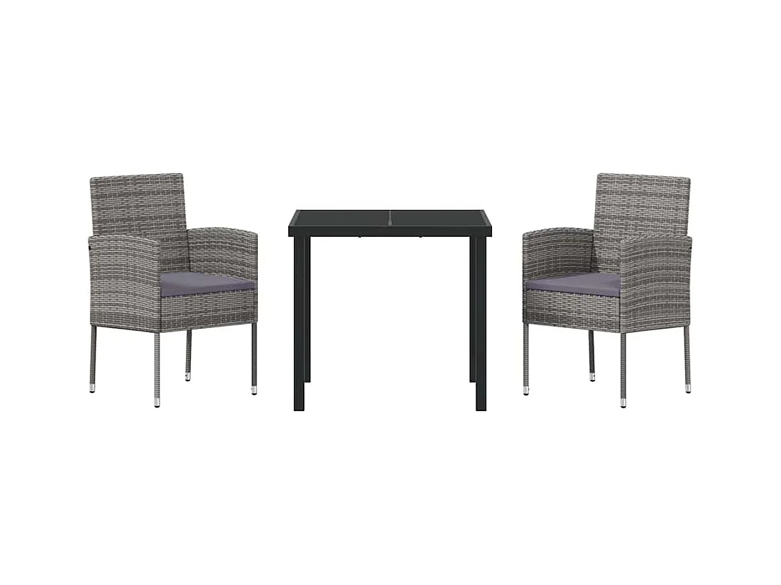 Set da pranzo da giardino 3 pezzi con cuscini in polyrattan grigio