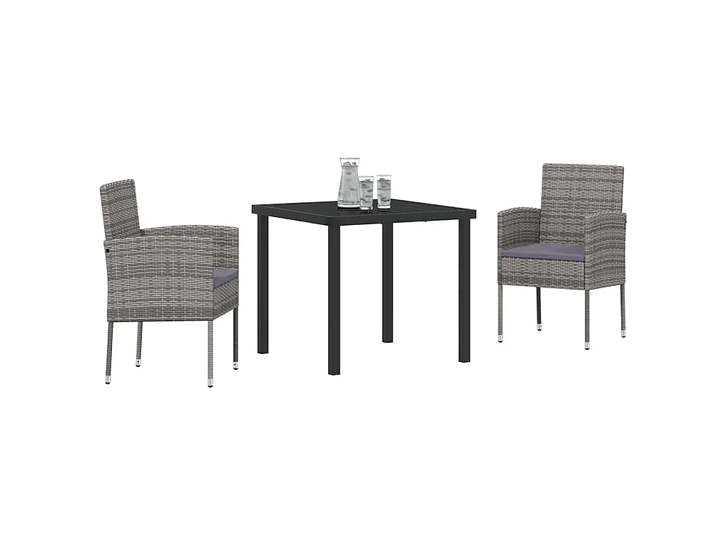 Juego de comedor de jardín de 3 piezas con cojines de ratán sintético gris