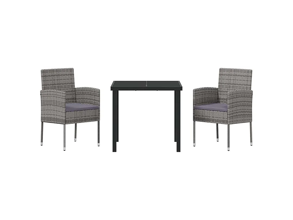 Juego de comedor de jardín de 3 piezas con cojines de ratán sintético gris