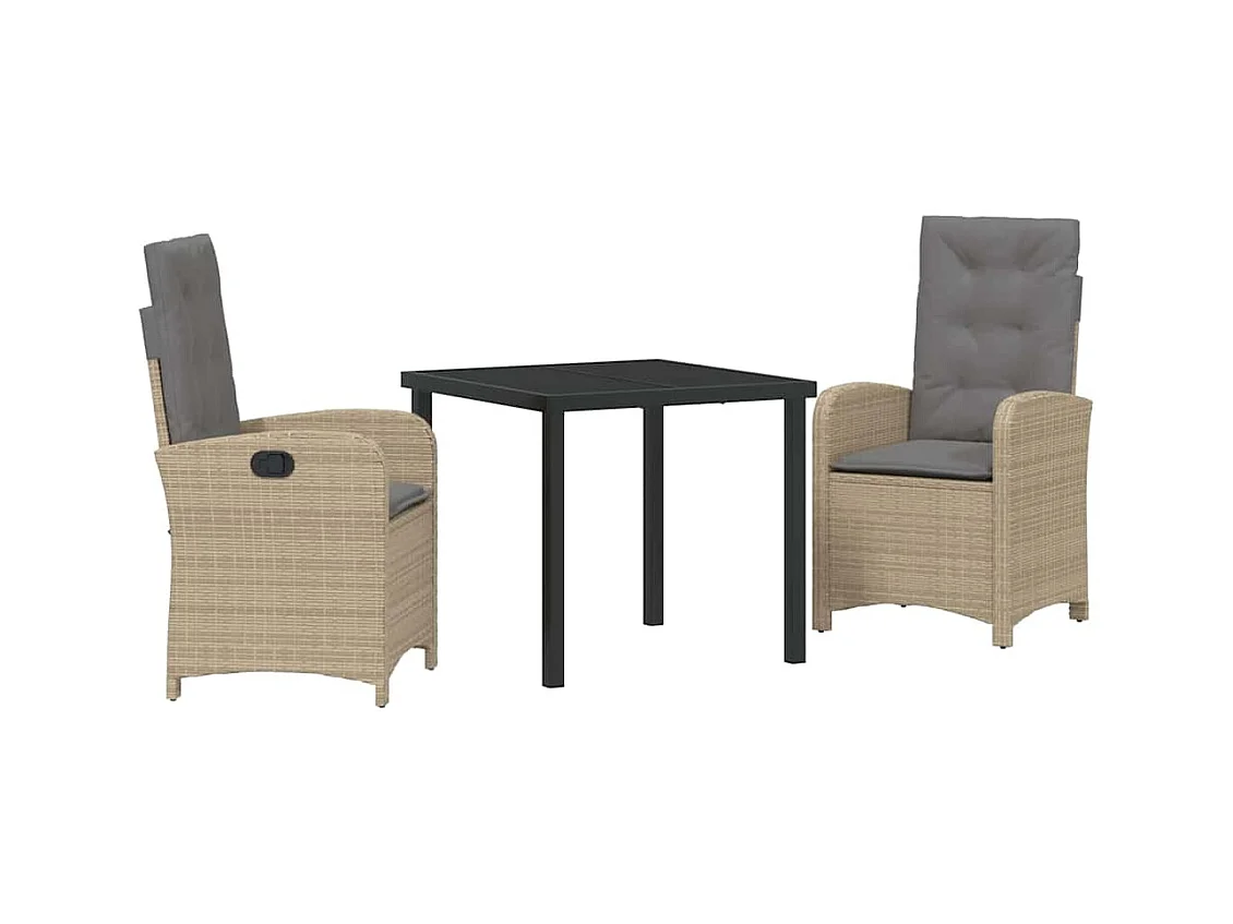 Set da pranzo da giardino 3 pezzi con cuscini in polyrattan beige