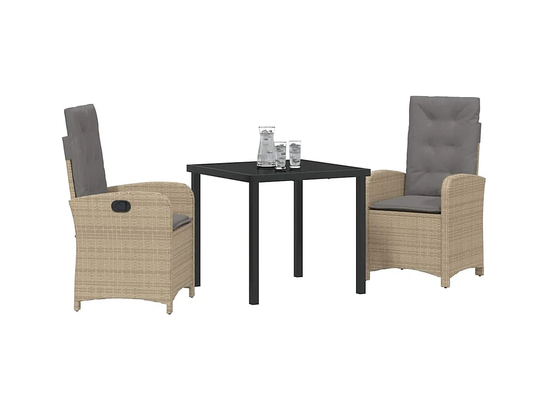 Set da pranzo da giardino 3 pezzi con cuscini in polyrattan beige