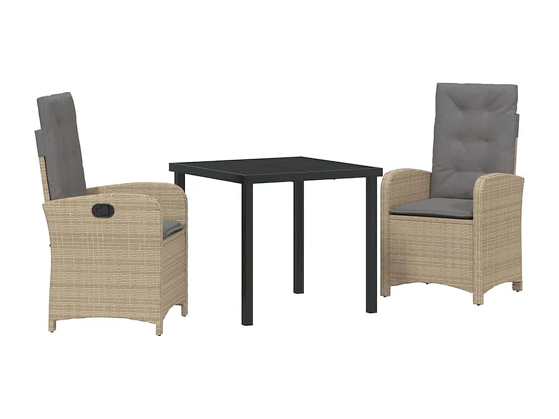 Ensemble de salle à manger de jardin 3 pièces avec coussins rattan poly beige