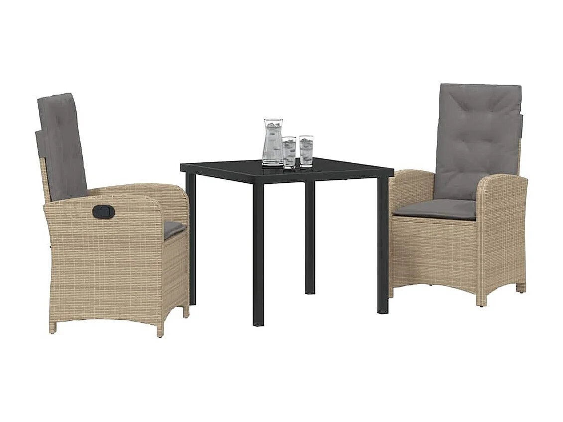 Ensemble de salle à manger de jardin 3 pièces avec coussins rattan poly beige