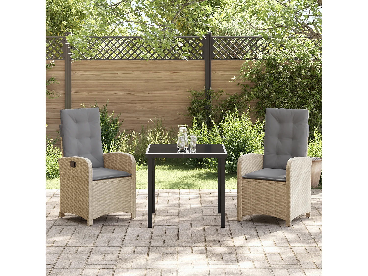 Juego de comedor de jardín de 3 piezas con cojines de ratán sintético beige