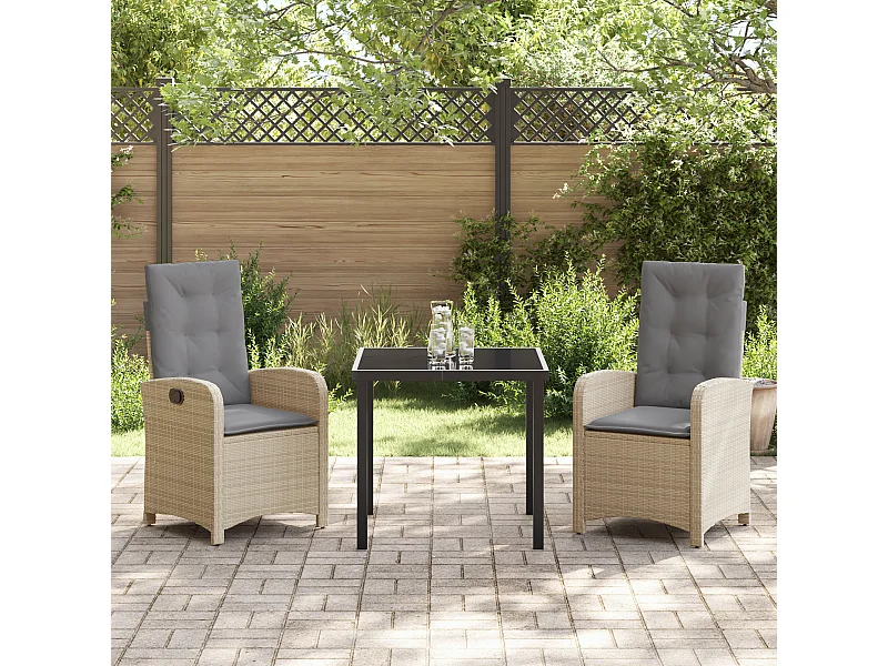 Set da pranzo da giardino 3 pezzi con cuscini in polyrattan beige