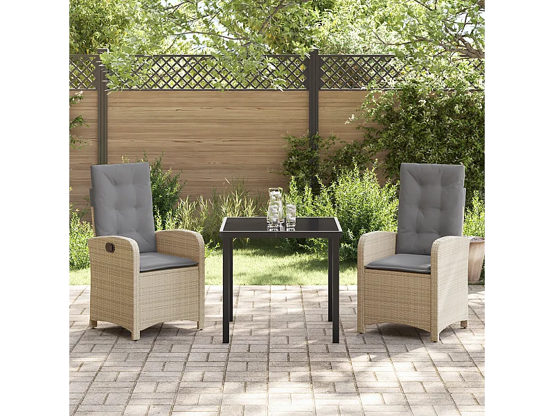 Ensemble de salle à manger de jardin 3 pièces avec coussins rattan poly beige