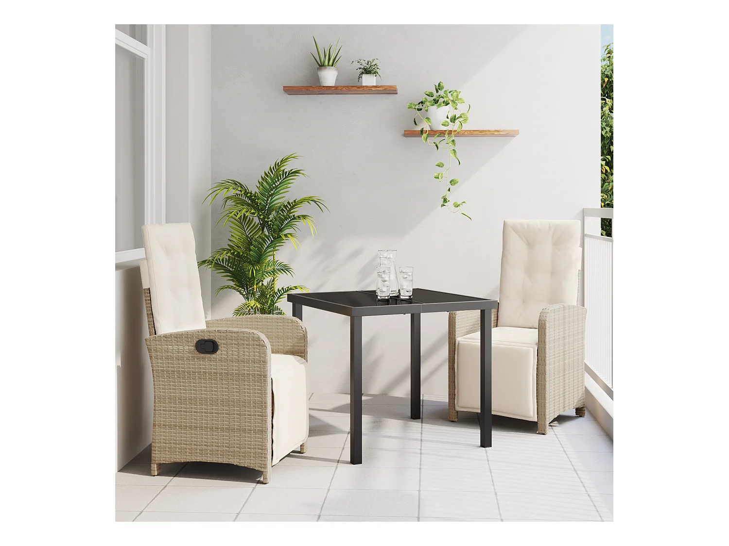 Set da pranzo da giardino composto da 3 pezzi con cuscini in rattan beige