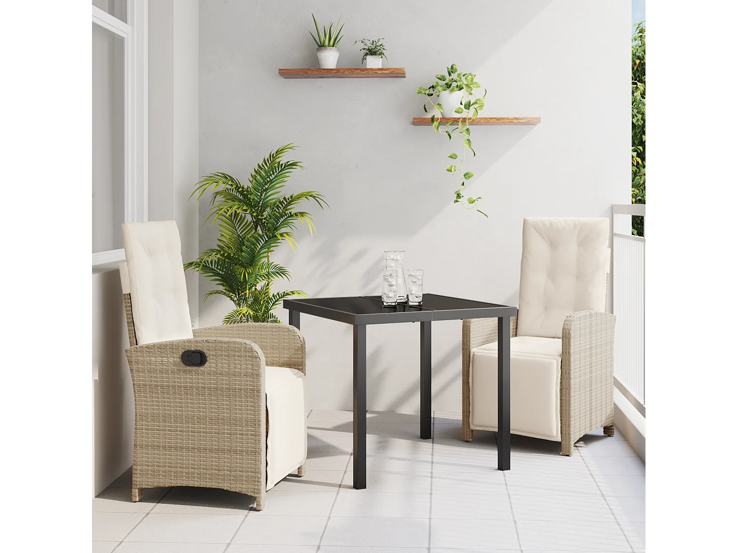 Set de 3 pièces de salle à manger de jardin avec coussins beige en rotin