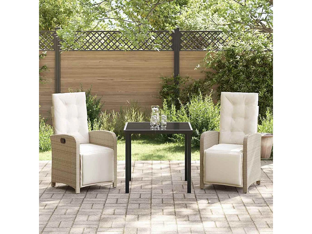Set de 3 pièces de salle à manger de jardin avec coussins beige en rotin