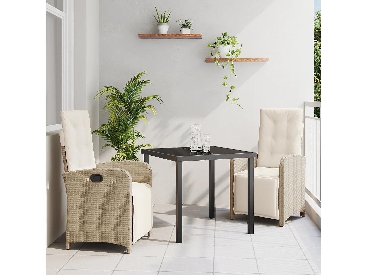 Set de 3 pièces de salle à manger de jardin avec coussins beige en rotin