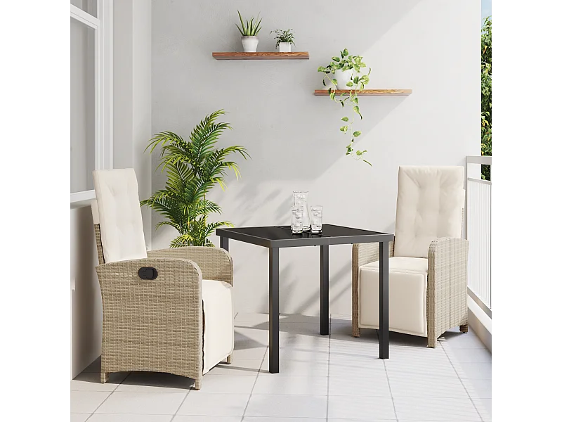Set de 3 pièces de salle à manger de jardin avec coussins beige en rotin