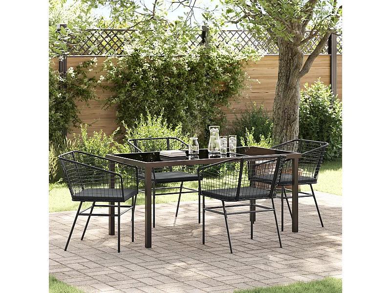 Ensemble de salle à manger de jardin 5 pièces avec coussins en poly rotin noir