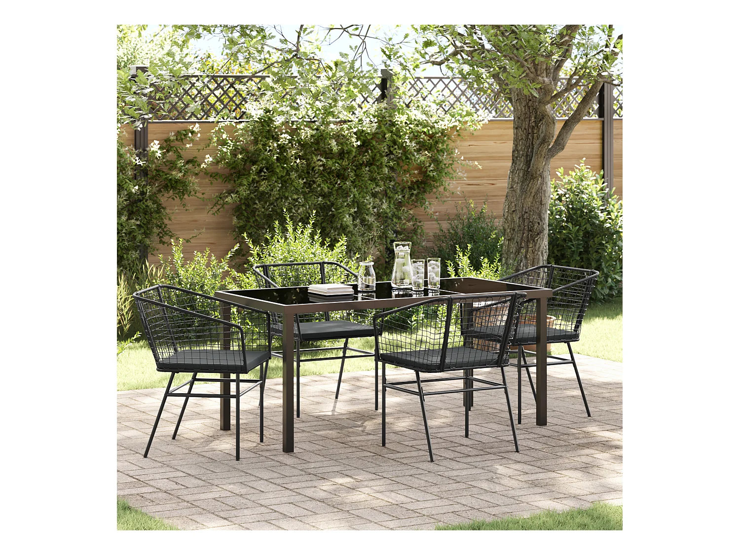 Ensemble de salle à manger de jardin 5 pièces avec coussins en poly rotin noir