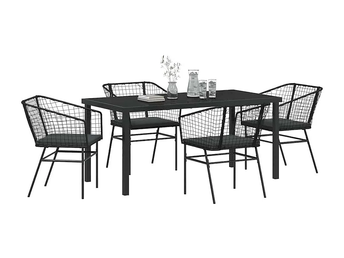 Ensemble de salle à manger de jardin 5 pièces avec coussins en poly rotin noir