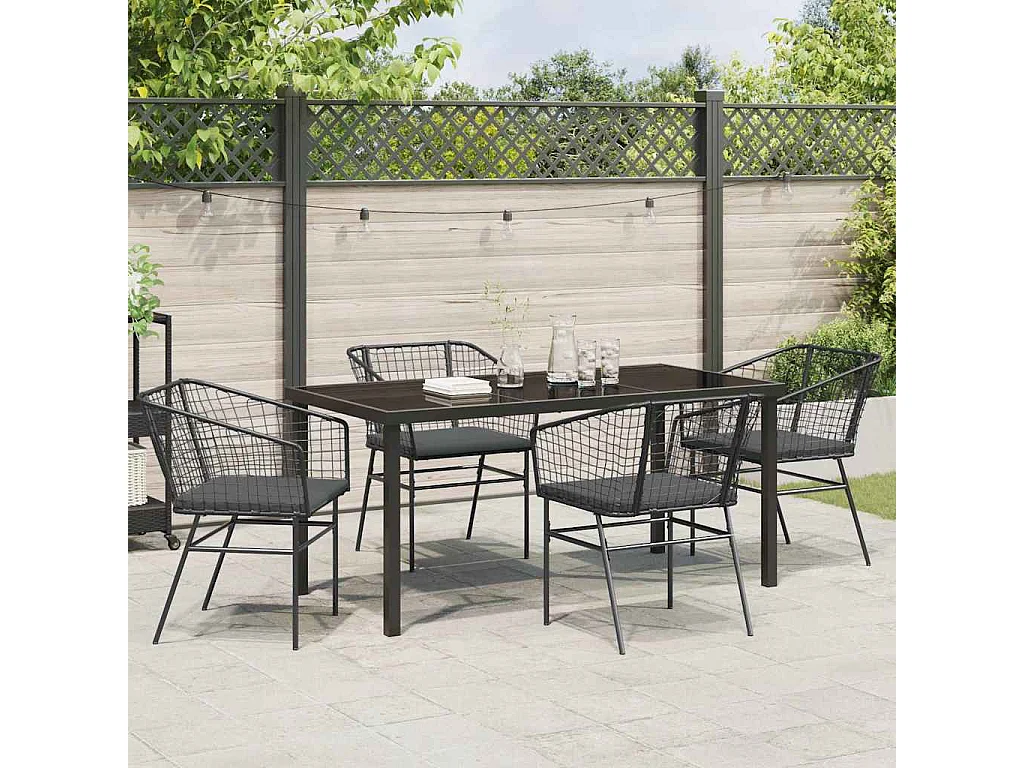 Ensemble de salle à manger de jardin 5 pièces avec coussins en poly rotin noir