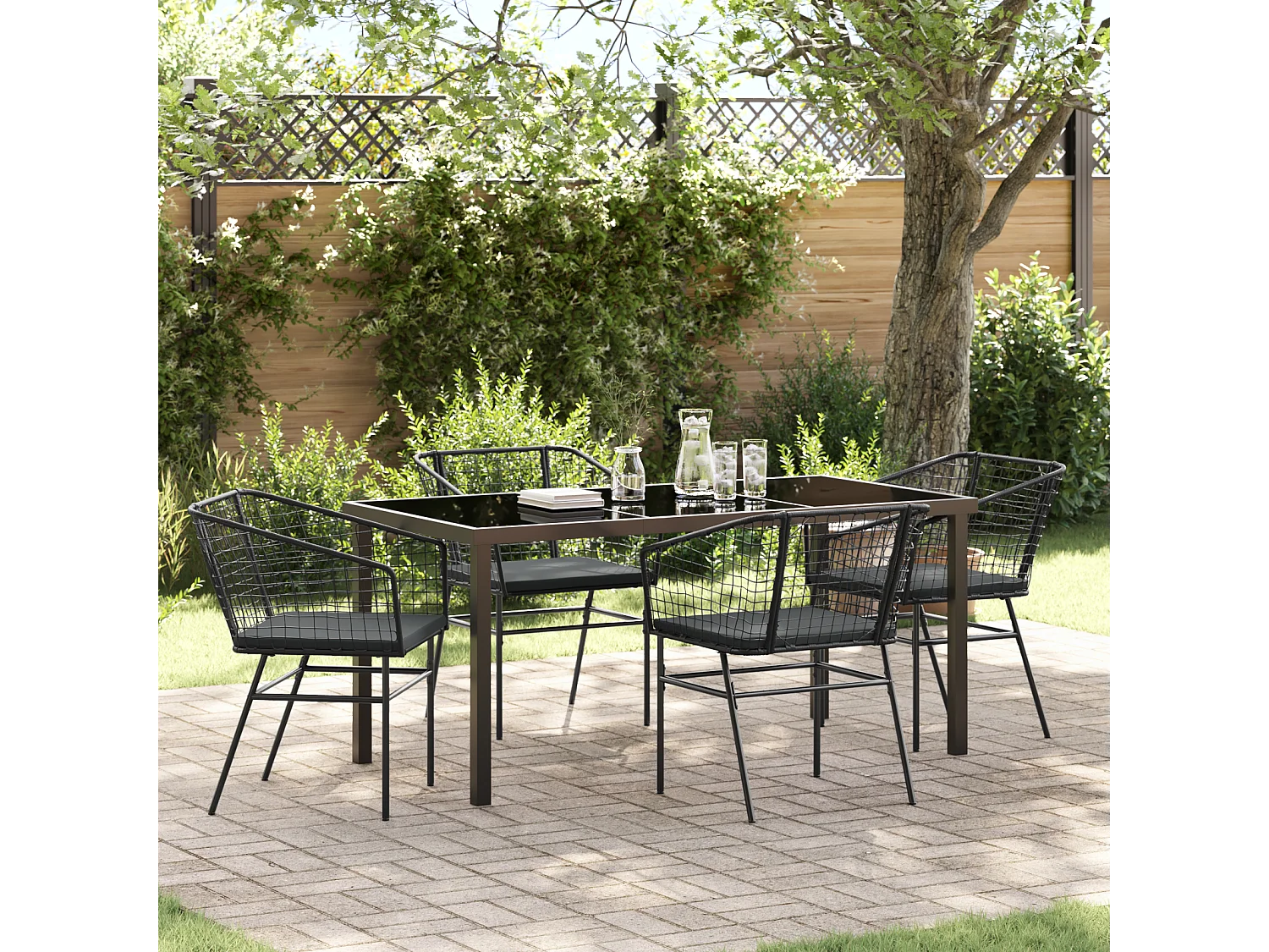 Ensemble de salle à manger de jardin 5 pièces avec coussins en poly rotin noir