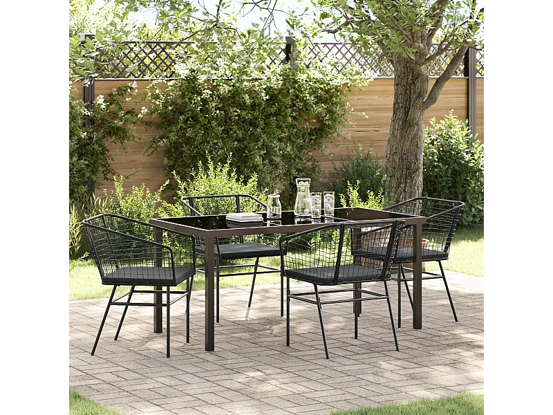 Ensemble de salle à manger de jardin 5 pièces avec coussins en poly rotin noir