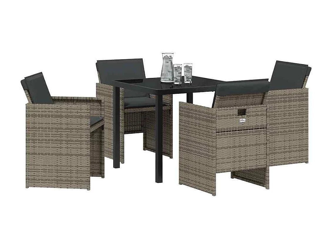 Ensemble de salle à manger de jardin 5 pièces avec coussins gris en poly rattan