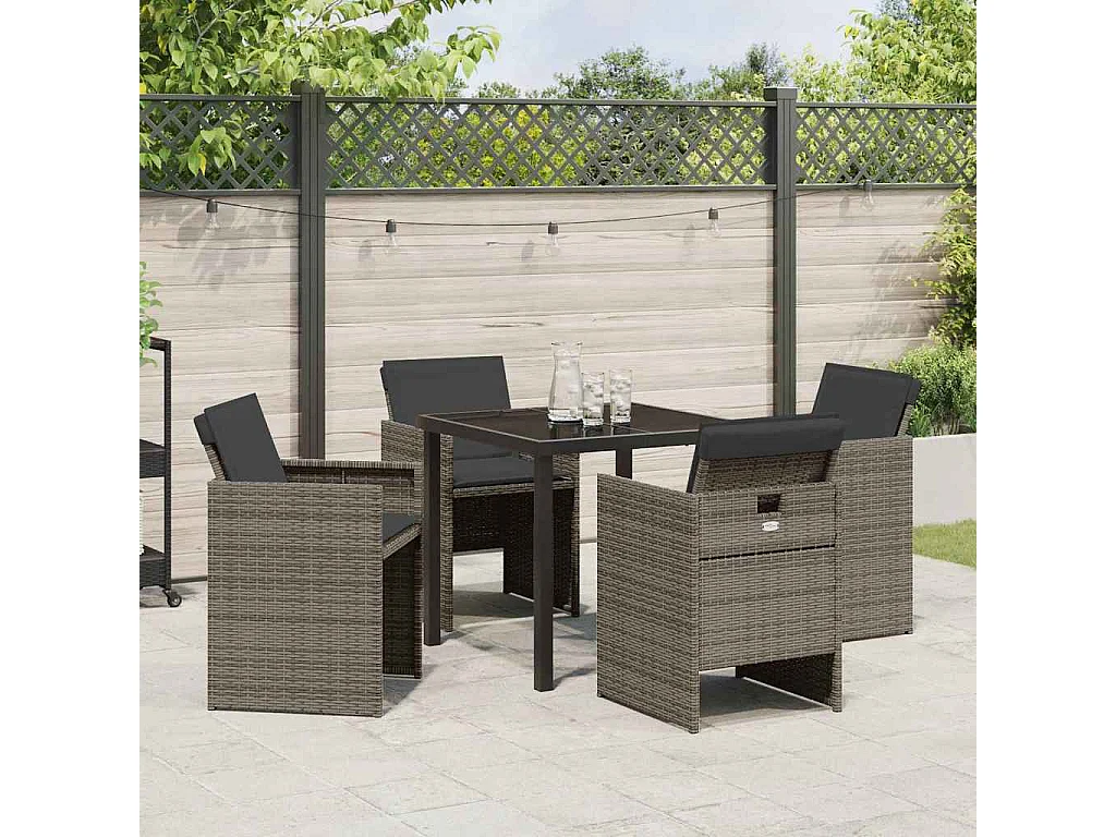 Ensemble de salle à manger de jardin 5 pièces avec coussins gris en poly rattan