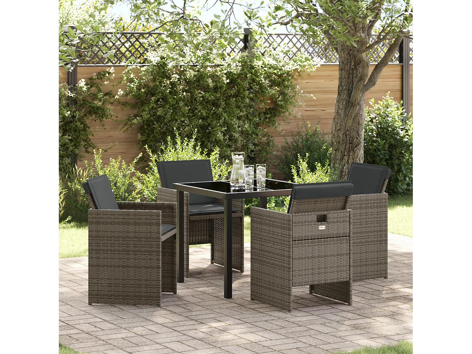 Ensemble de salle à manger de jardin 5 pièces avec coussins gris en poly rattan
