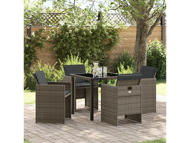 Set da pranzo da giardino 5 pezzi con cuscini in polyrattan grigio