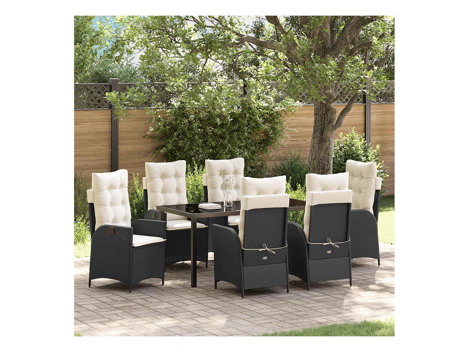 Set de jardin 7 pièces avec coussins Noir Poly Rattan