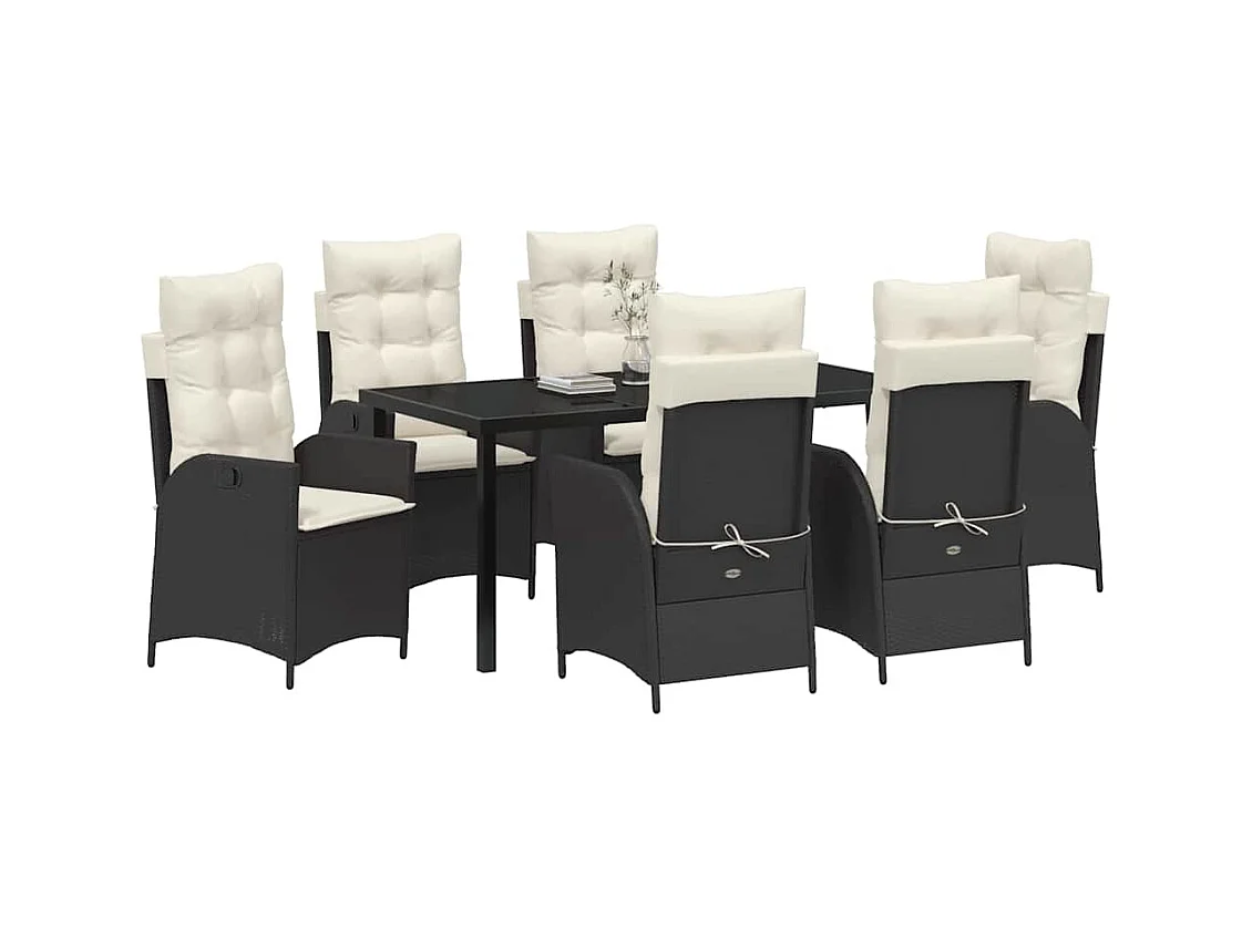 Set de jardin 7 pièces avec coussins Noir Poly Rattan